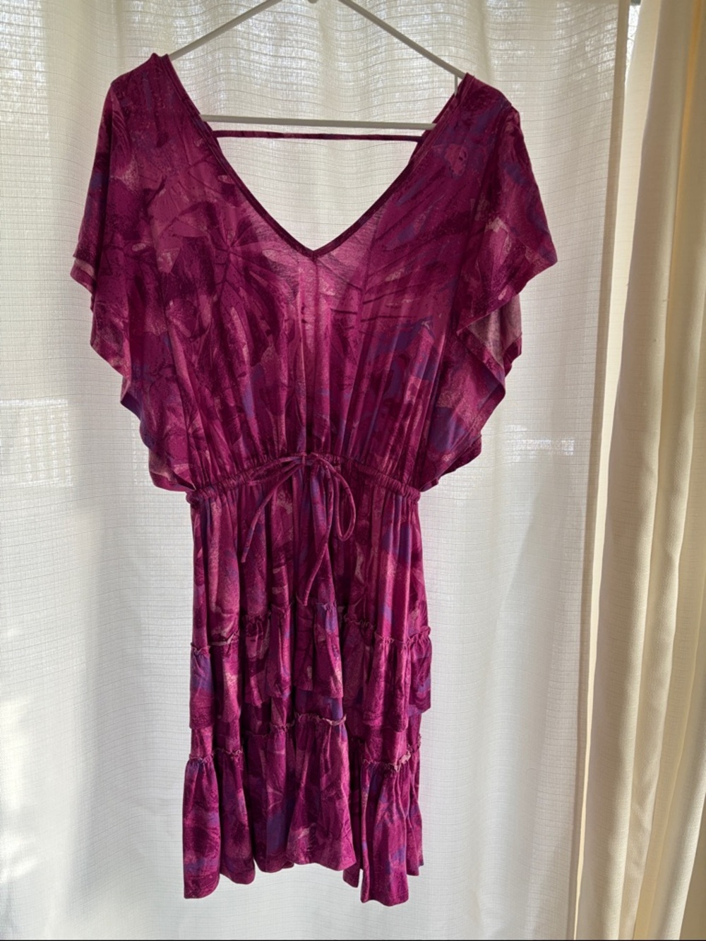 Anthropologie Magenta Flutter-Sleeve Tiered Mini Dress
